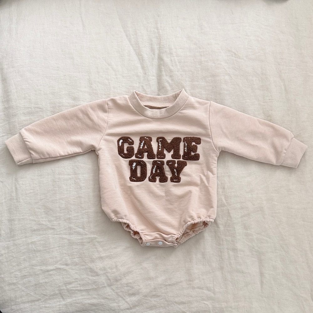 Cream Long Sleeve Baby Onesie with Brown 'Game Day' Print